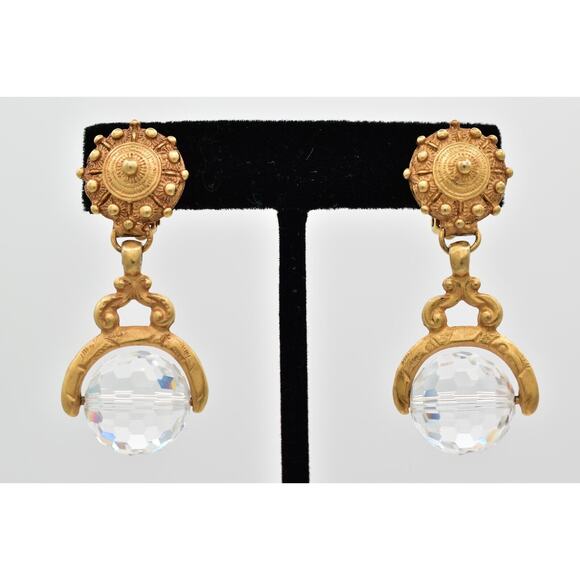 DKNY Vintage Crystal Ball Clip Earrings Antiqued Brushed Gold Signed 1980s BinW - Picture 1 of 12